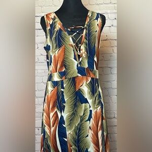 Iris Coral Beige Blue Leafy Tie Front Double Split Thigh Sleeveless Maxi Dress L